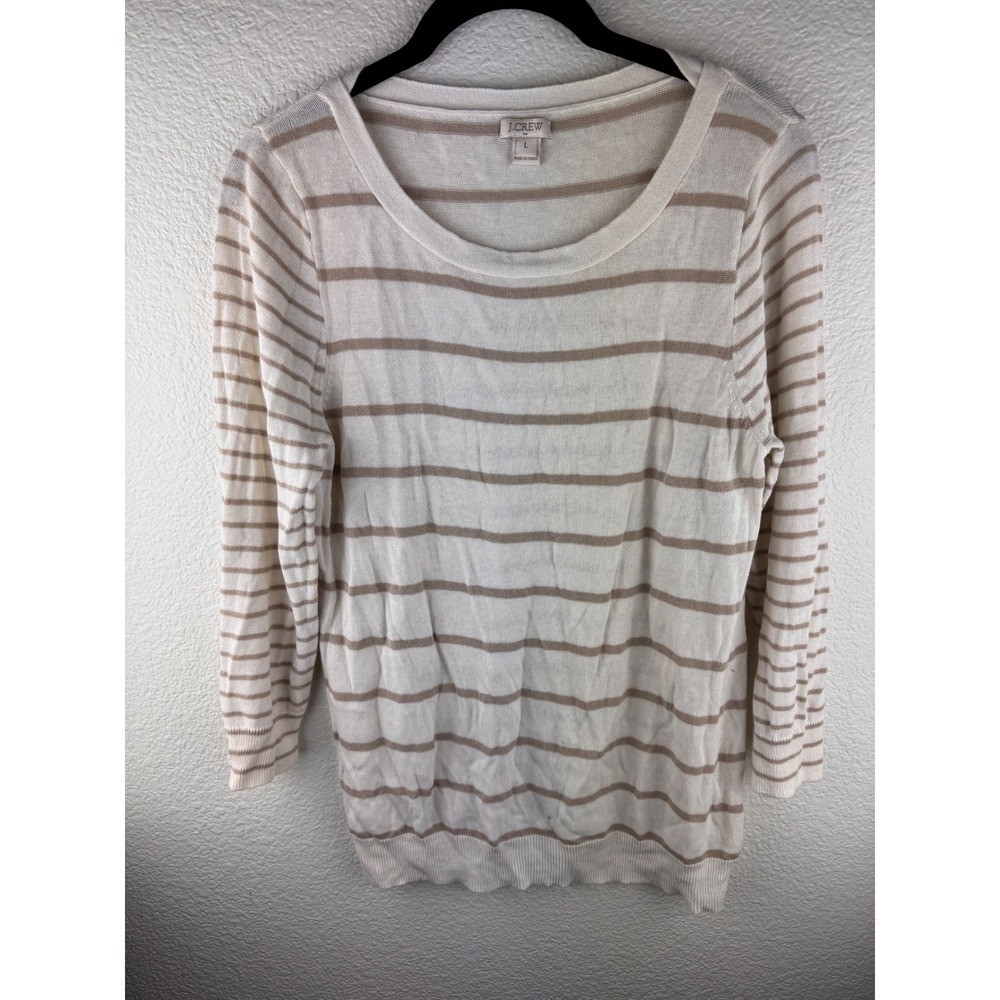 J. Crew Striped Lightweight Sweater Top‎ Cream Taupe Linen Cotton Blend Womens L